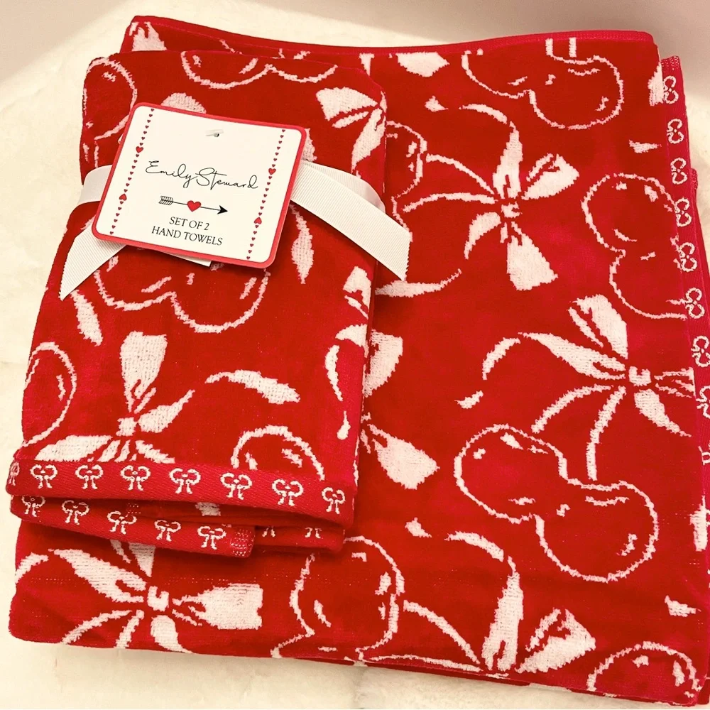 Emily Steward Red & White Cherries and Bows VALENTINES Bath‎ and Hand Towels Set